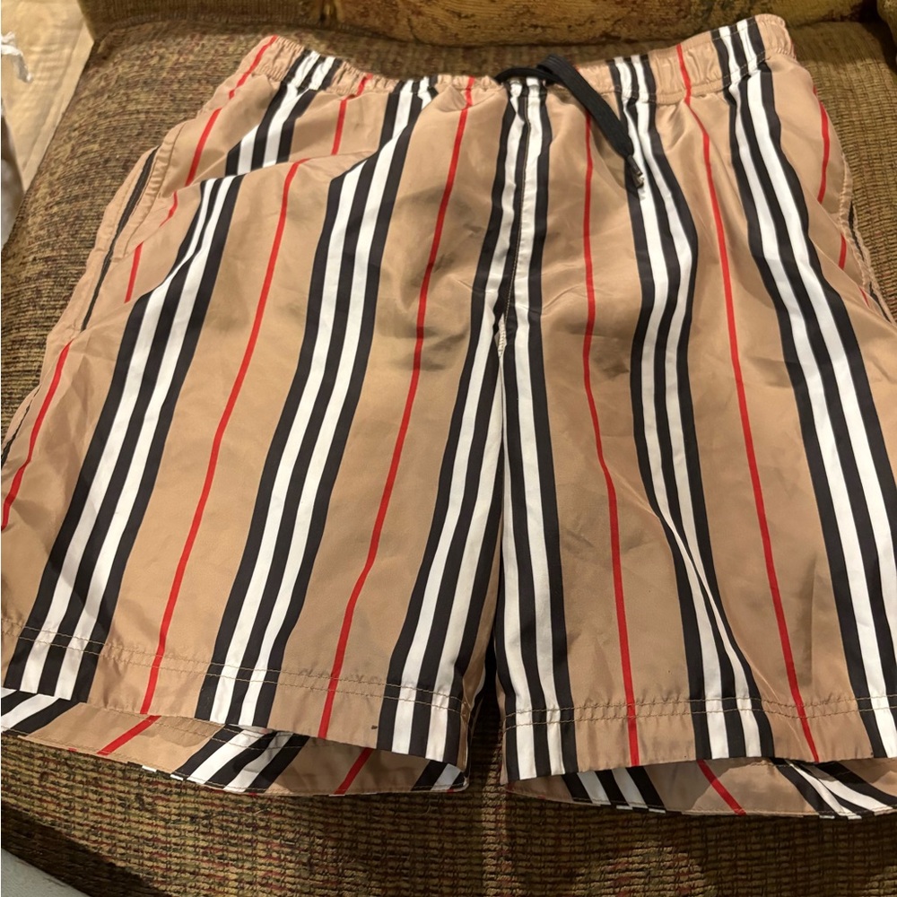 Striped Tan Shorts with Red and Black Accents